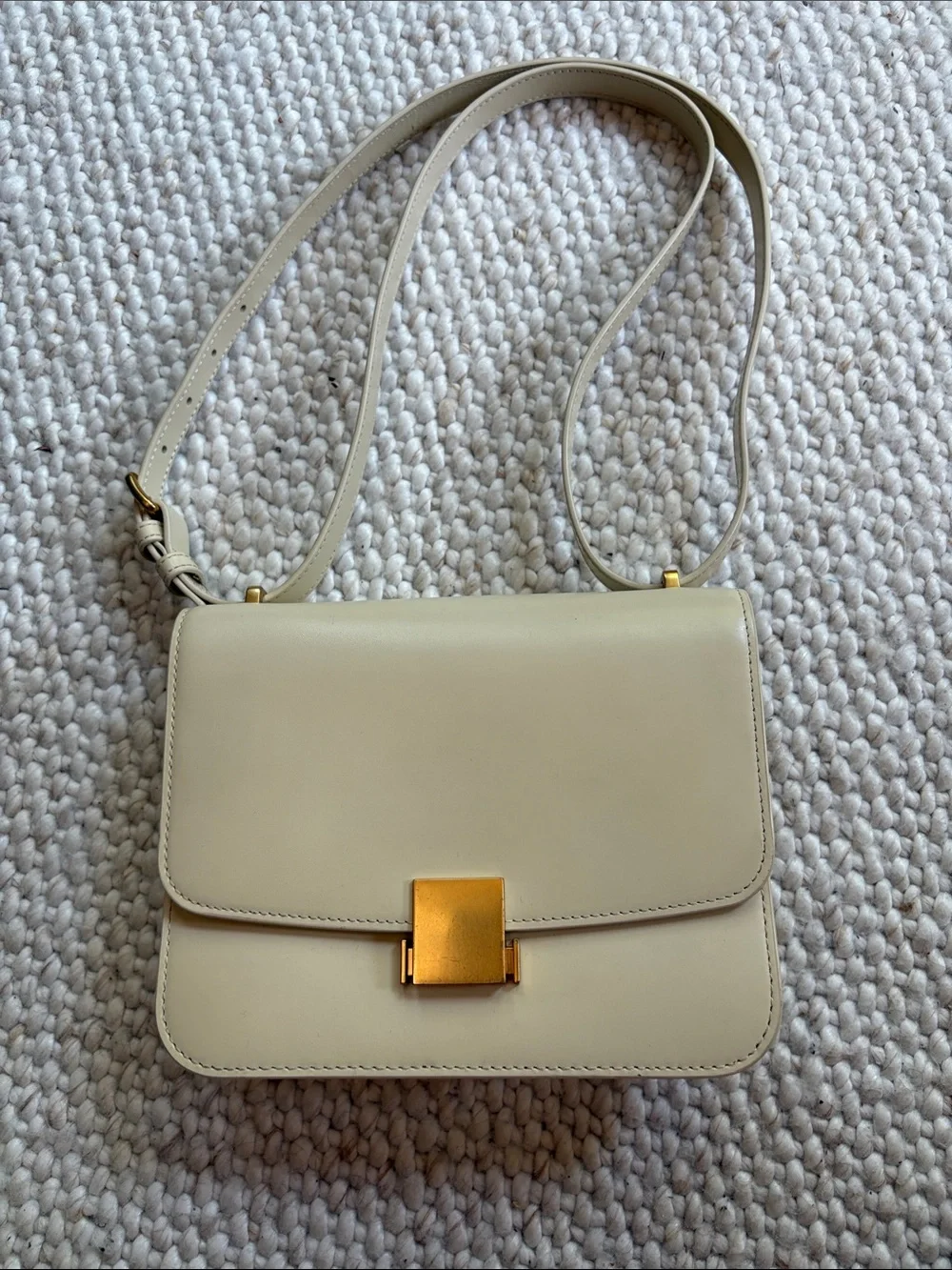 Quince Cream Italian Leather Box Shoulder Bag Crossbody Purse